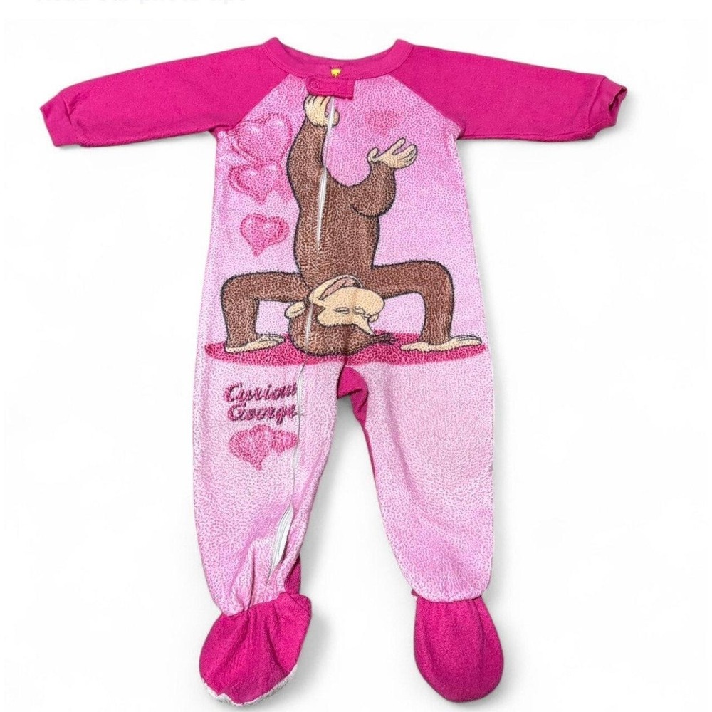 Vintage Curious George Baby Girl Pink Fleece Footed Sleeper Pajamas 12M